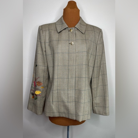 Harve Bernard Wool Plaid Jacket with Floral Embroidery Size 12 - Picture 1 of 9